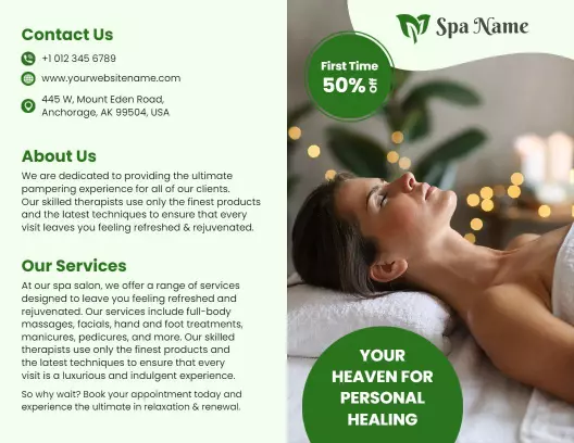 Calming Green Spa Wellness and Healing Services Brochure Template