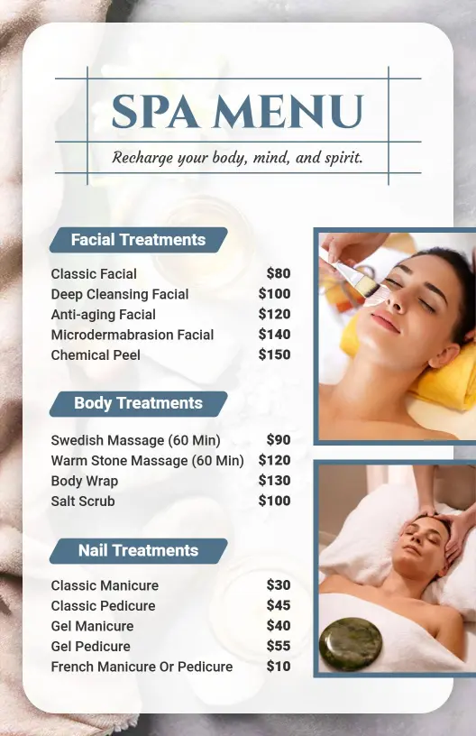 Calming Spa Facial and Massage Specialties Menu Template