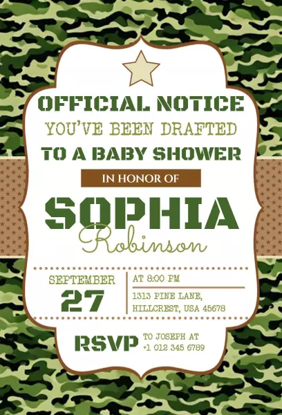 Camo-Themed Baby Shower Drafted Celebration Invitation Template