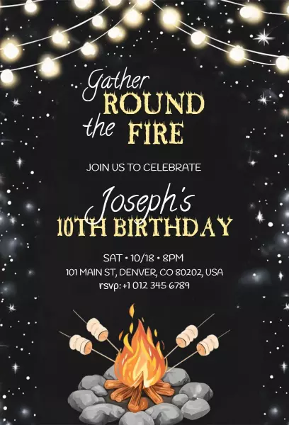 Campfire Gathering Cool 10th Birthday Celebration Invitation Template
