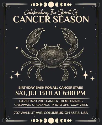 Cancer Season Zodiac Birthday Celebration Flyer Template