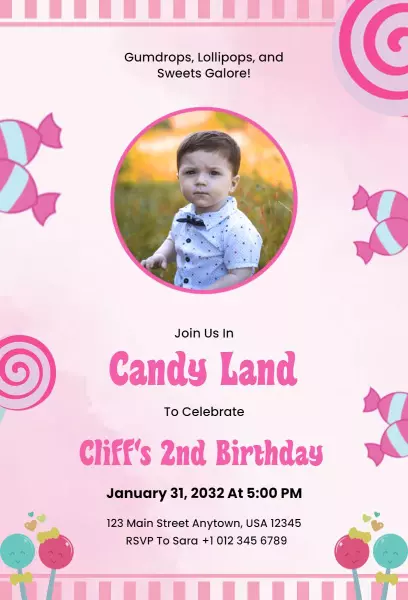 Candy Land Sweet 2nd Birthday Celebration Invitation Template