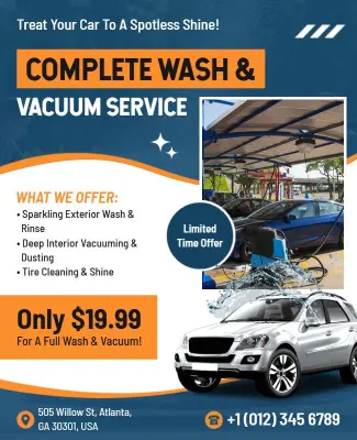 Car Wash and Vacuum Service Promotional Flyer Template