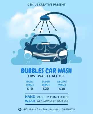Playful Blue Bubbles Car Wash Promotion Flyer Template