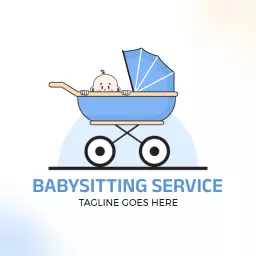 Caring Baby in Light Blue Stroller Represents Babysitting Logo Template