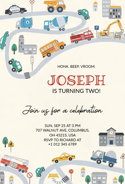 Cars and Trucks Birthday Party Invitation Template