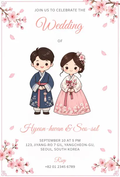 Cartoon Couple Floral Korean Wedding Invitation Template