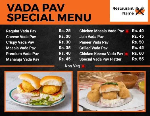 Casual Black and Orange Vada Pav Menu Template