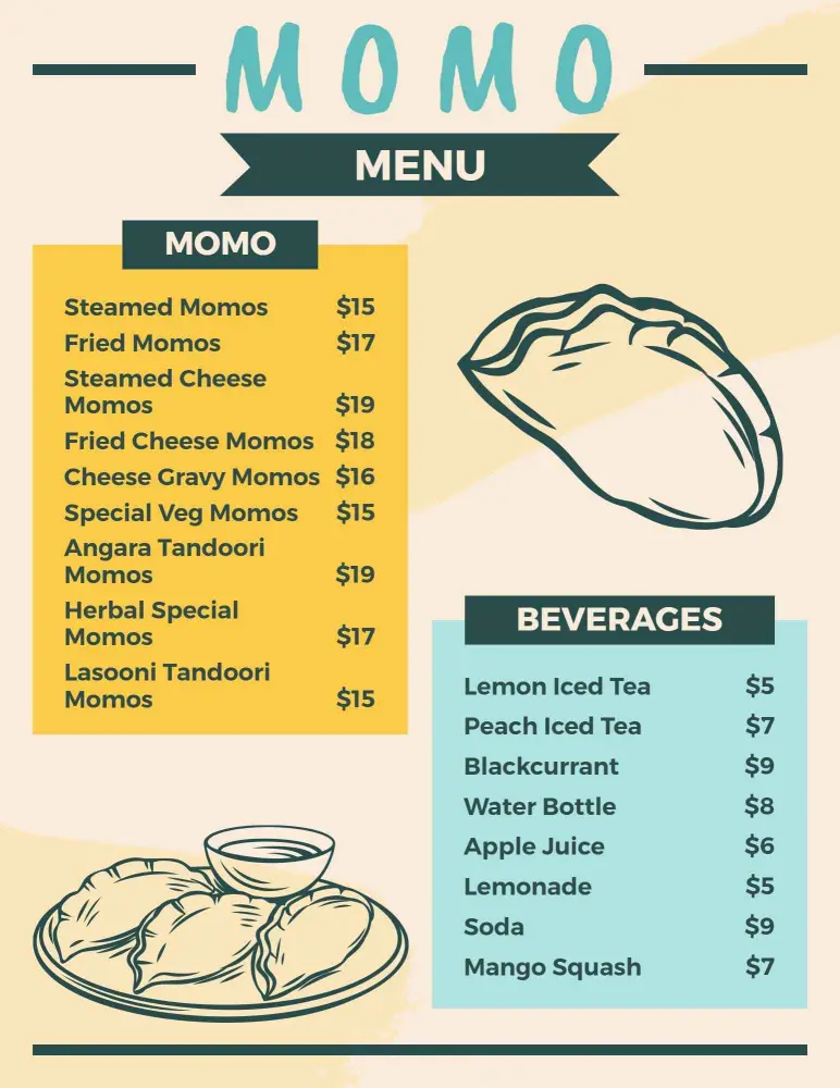Casual Doodle Art Momo and Drinks Menu Template