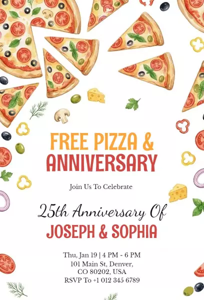 Casual Pizza Celebration 25th Anniversary Invitation Template