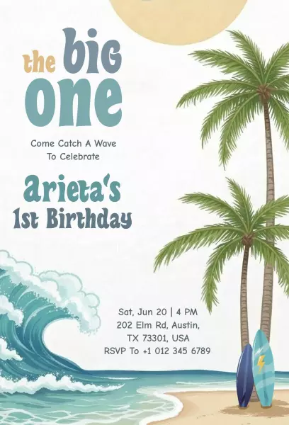 Catch a Wave Tropical Beach 1st Birthday Invitation Template