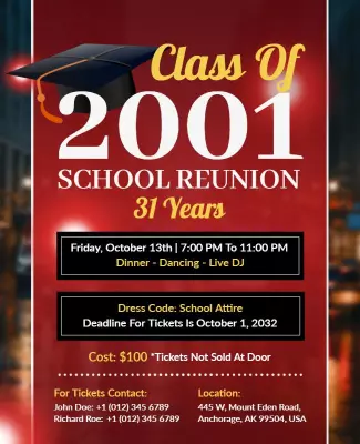 Celebratory Red Class of 2001 School Reunion Event Poster Template