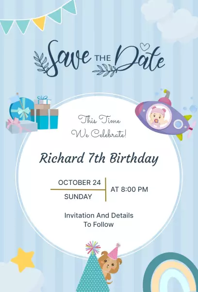 Celebratory Space-Themed 7th Birthday Save The Date Invitation Template