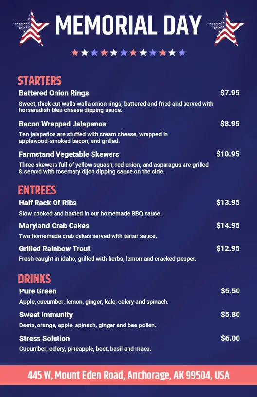 Celebratory Summer Barbecue Dishes for Memorial Day Menu Template