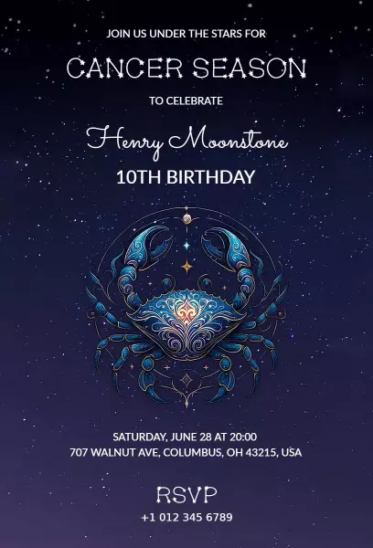 Celestial Cancer Season 10th Birthday Celebration Invitation Template