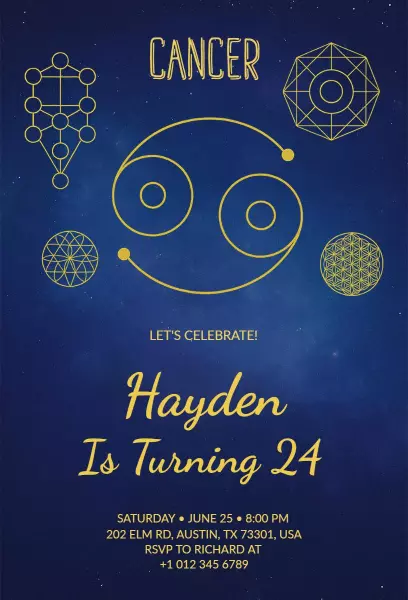 Celestial Cancer Zodiac Sign Birthday Celebration Invitation Template