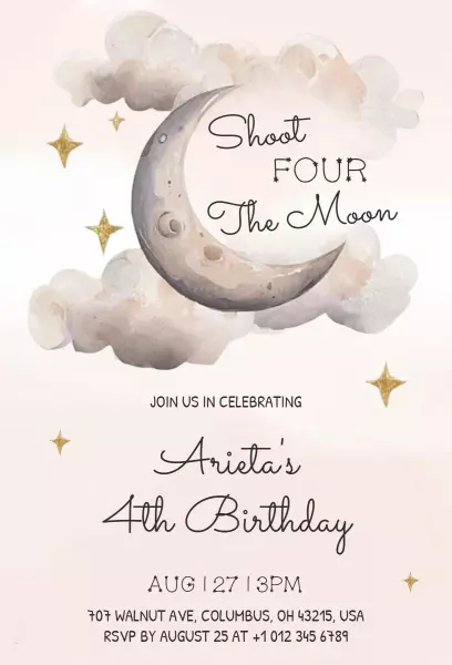 Celestial Moon Theme Four Year Old Birthday Invitation Template