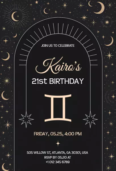 Celestial Stars Theme 21st Birthday Celebration Invitation Template