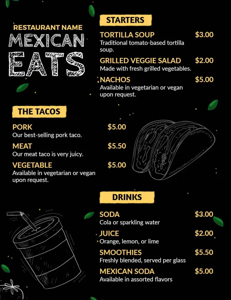Chalkboard Art Style Mexican Drink and Taco Menu Template