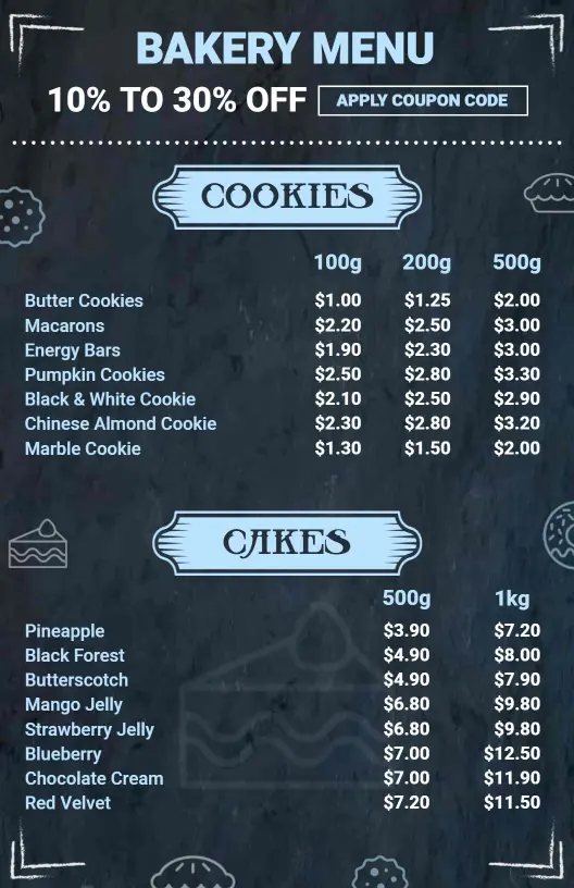 Chalkboard Themed Bakery Menu Template