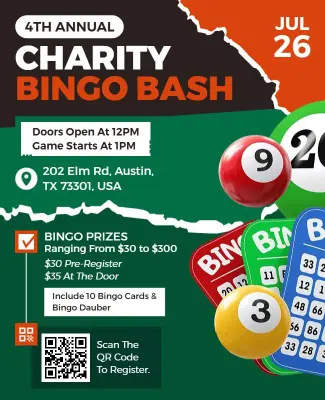 Charity Bingo Bash with Colorful Bingo Cards Flyer Template