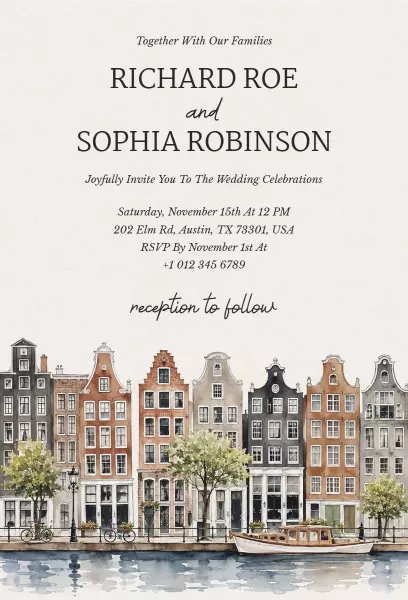 Charming Amsterdam Cityscape Wedding Celebration Invitation Template