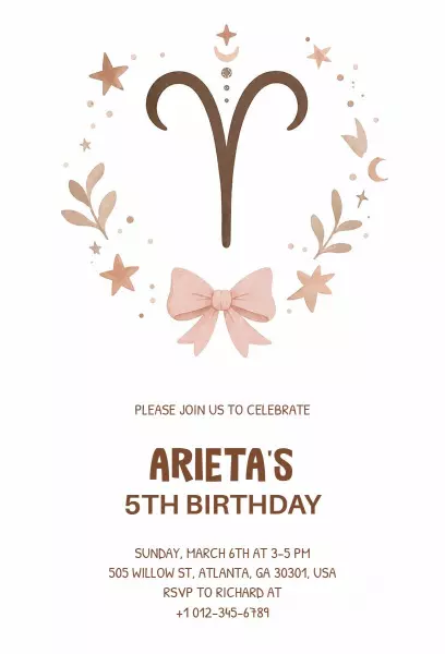 Charming Aries Themed 5th Birthday Celebration Invitation Template