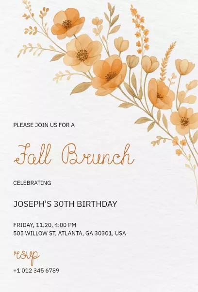 Charming Autumn Floral 30th Birthday Brunch Invitation Template