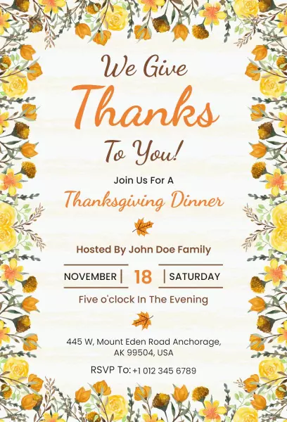Charming Autumn Floral Thanksgiving Dinner Invitation Template
