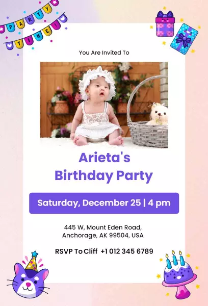 Charming Baby Girl Photo Birthday Celebration Invitation Template