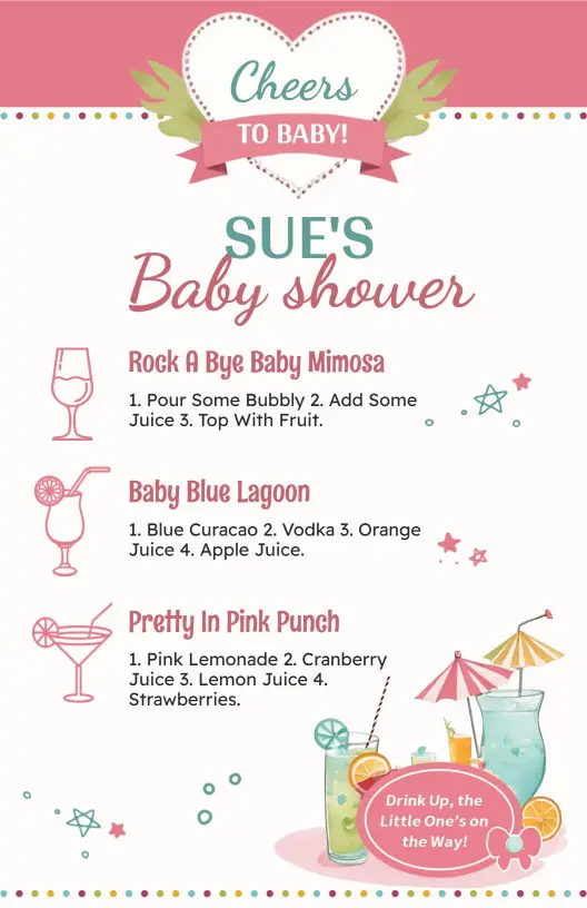 Charming Baby Shower Drink Selections for Special Events Menu Template