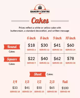 Charming Bakery Center Cake Pricing Menu Poster Template