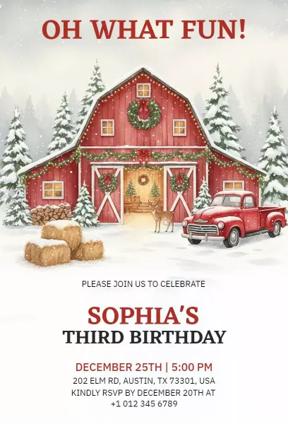 Charming Barnyard Winter Wonderland Birthday Invitation Template