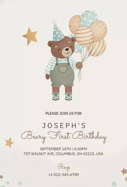 Charming Bear Theme 1st Birthday Celebration Invitation Template