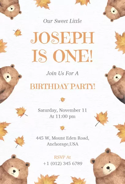 Charming Bear-Themed 1st Birthday Celebration Invitation Template