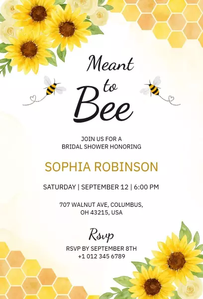 Charming Bee Themed Sunflower Bridal Shower Invitation Template