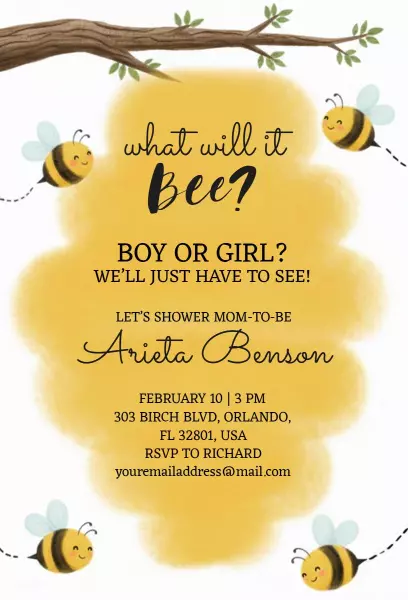 Charming Bees Gender Reveal Baby Shower Invitation Template