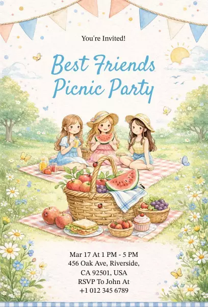 Charming Best Friends Picnic Party Celebration Invitation Template