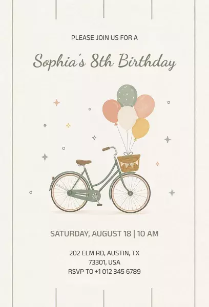 Charming Bicycle Balloon 8th Birthday Celebration Invitation Template