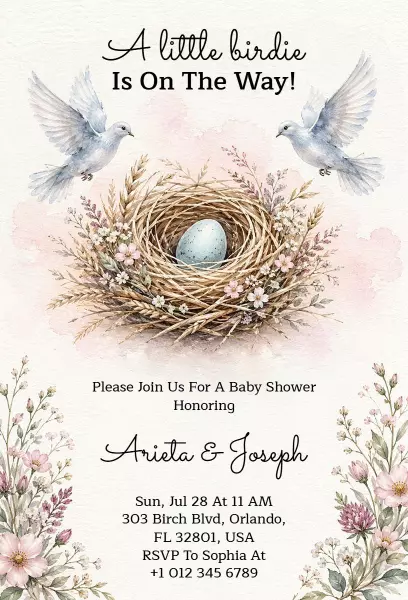 Charming Bird Nest Floral Baby Shower Invitation Template