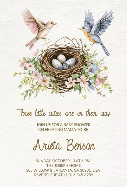 Charming Bird Nest Themed Baby Shower Invitation Template