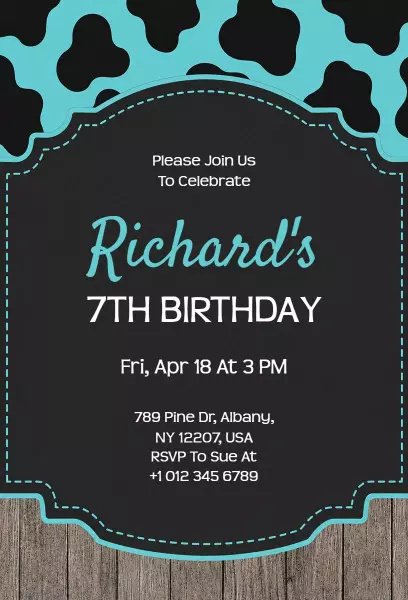 Charming Blue Animal Print 7th Birthday Celebration Invitation Template
