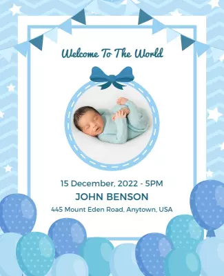 Charming Blue Baby Announcement with Balloons Poster Template