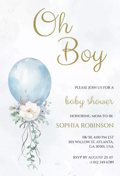 Charming Blue Balloon Baby Shower Celebration Invitation Template