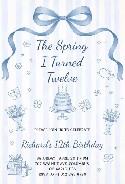 Charming Blue Bow Theme 12th Birthday Celebration Invitation Template