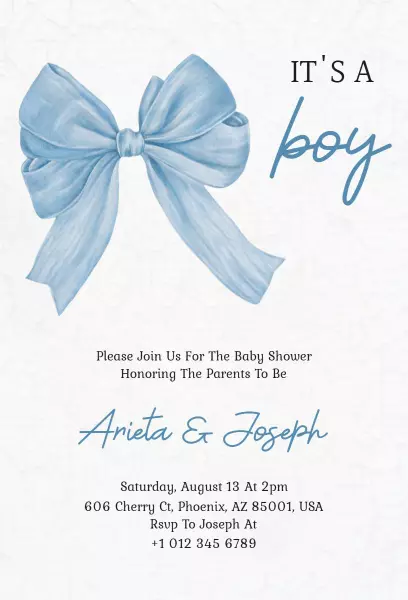 Charming Blue Bow Theme Baby Shower Celebration Invitation Template