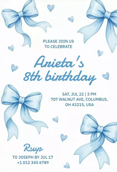 Charming Blue Bow Themed Birthday Celebration Invitation Template