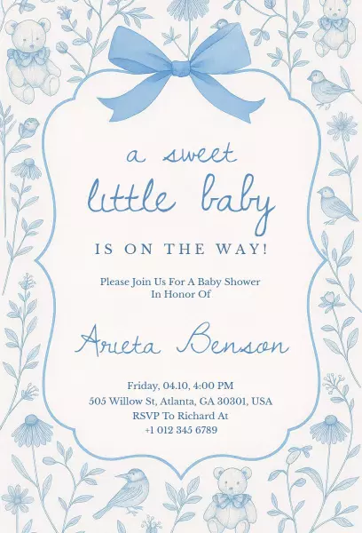 Charming Blue Bows Baby Shower Celebration Invitation Template