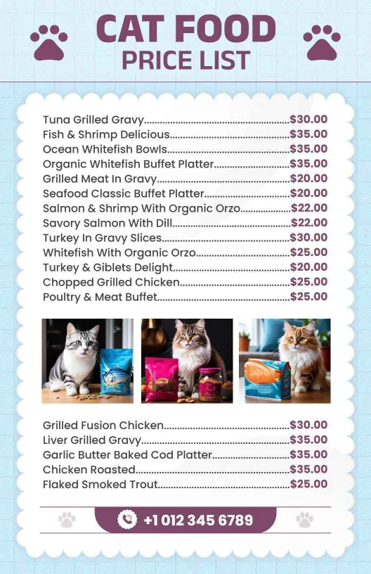 Charming Blue Cat Food Price List Template