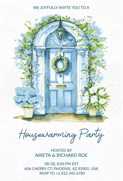 Charming Blue Door Floral Housewarming Party Invitation Template